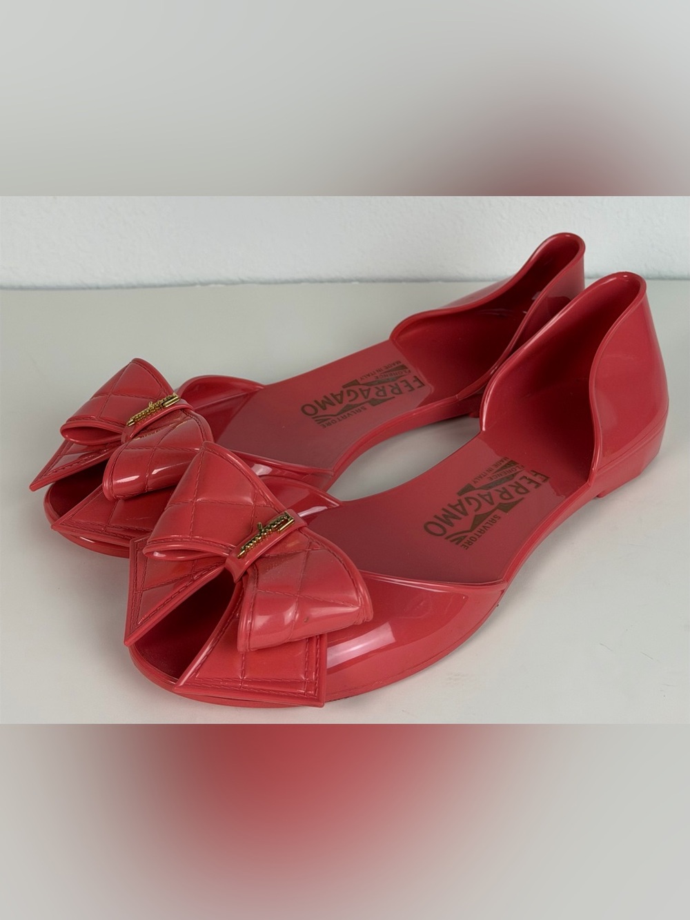 Salvatore Ferragamo Peach Salmon Pink Barbados Bow Ballet Peep Toe Jelly Flats 5
